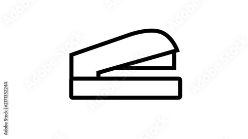 Animated black line art stapler opening and closing on a white background. Minimalist office supply and stationery concept.