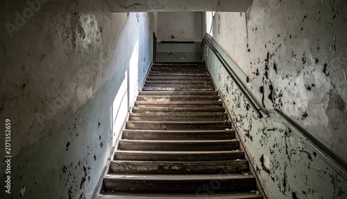 Creepy Abandoned Staircase with Peeling Paint and Dramatic Sunlight