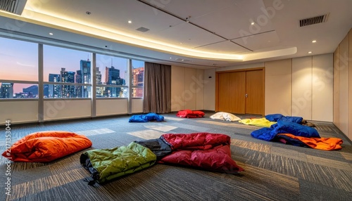 Cozy sleeping bags laid out in a modern conference room with a panoramic city view at dusk