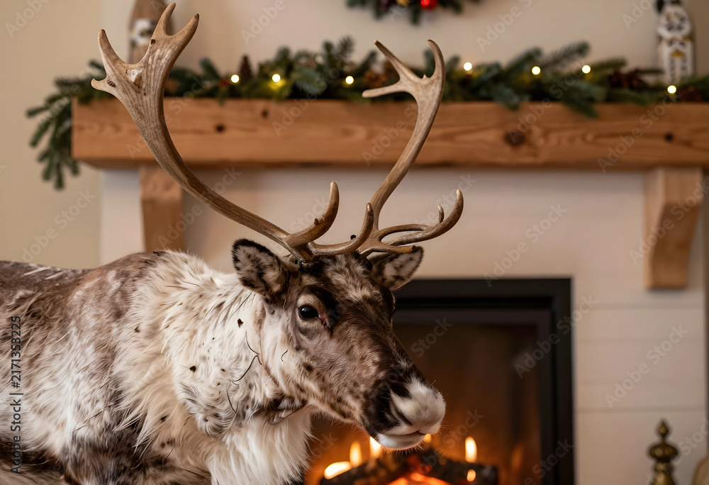 Naklejka premium Christmas holiday season and winter celebration, reindeer with antlers in front of a cozy fireplace with festive garland