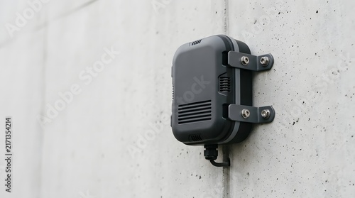 Compact electronic sensor mounted on a concrete wall for urban environmental monitoring.