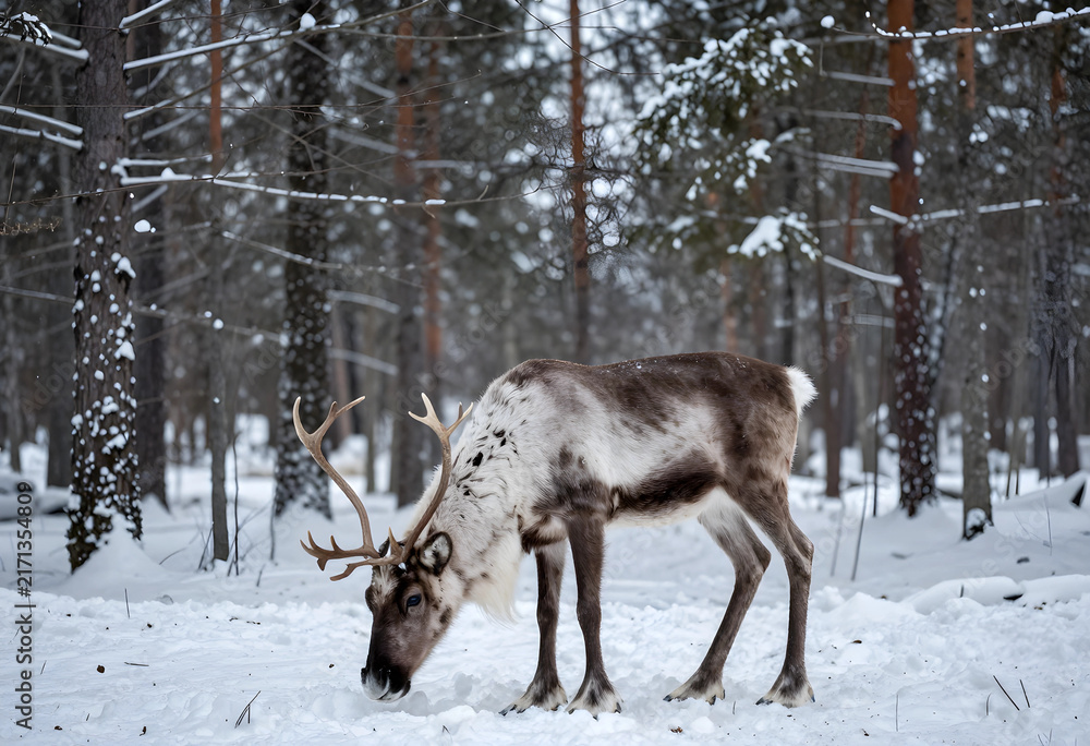 Naklejka premium Winter wildlife and arctic nature, reindeer foraging for food in a snowy forest landscape with pine trees