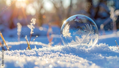 Frozen soap bubble on a snowy field in winter sunlight.