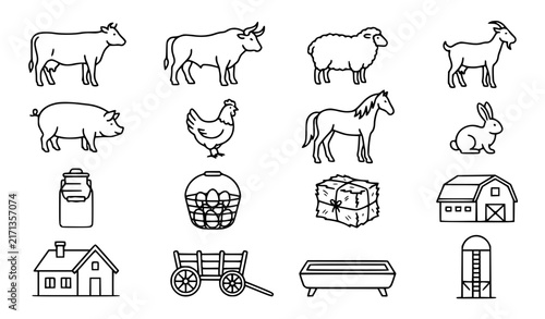 Monochrome Farm Animals Livestock and Rural Agriculture Vector Line Art Icon Collection
