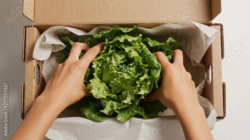 Close-Up Of Fresh Lettuce Being Placed Into A Blank Cardboard Box For Organic Cooking And Preparation