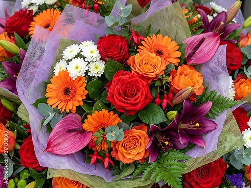 A vibrant bouquet of assorted flowers including roses, lilies, gerbera daisies and anthuriums, artfully arranged and wrapped in delicate paper