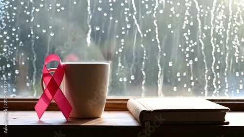 Serene Rainy Window Scene Featuring A Pink Ribbon Beside A Plain White Mug Evoking Comfort And Resilience