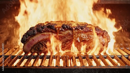 Succulent Barbecue Meat Grilled to Perfection with Saucy Drips on Grate in Dark Kitchen Setting Ready for Serving