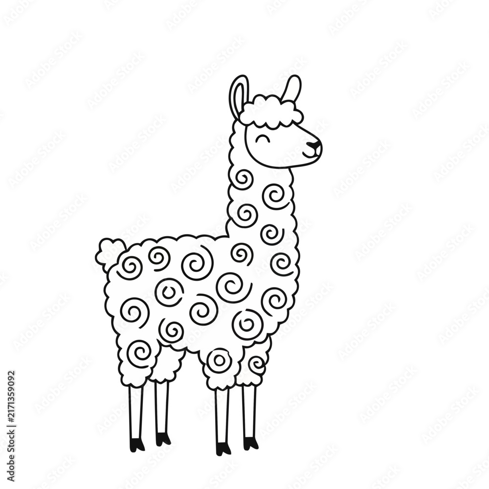 Naklejka premium Cute llama with curly wool pattern
