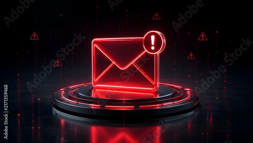 Glowing Red Neon Envelope Icon With Exclamation Mark Alert On Cybernetic Podium