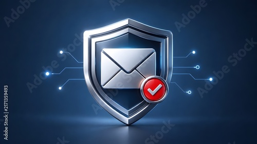Metallic Security Shield With Envelope And Red Checkmark In Dark Cyber Background