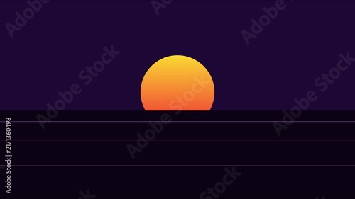 Retro synthwave sunset horizon with glowing sun and neon grid lines for digital backgrounds animation 4k