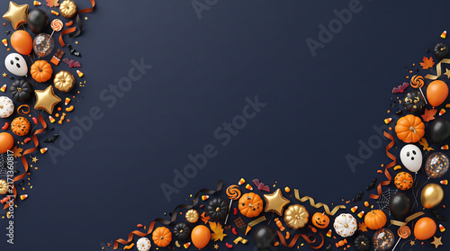 Spooky Halloween party garland with glowing orange pumpkin lights and black bats on dark background