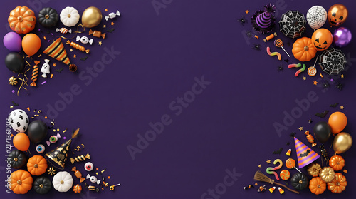 Halloween party decorations with orange pumpkins, purple flowers, and black branches on dark background