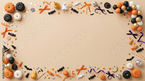 Halloween party border with spiders, bats, and pumpkins on beige background for festive decoration design