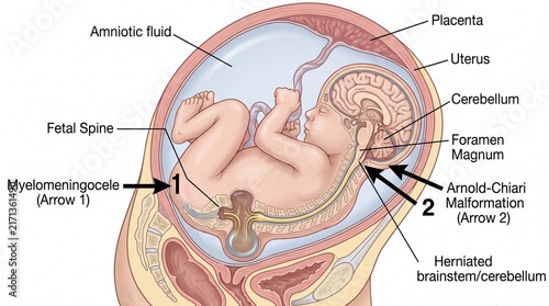 Photography Fetal Myelomeningocele and Arnold Chiari Malformation Medical Diagram