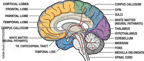 Foto Human Brain Anatomy Diagram with Labeled Parts and Pathways