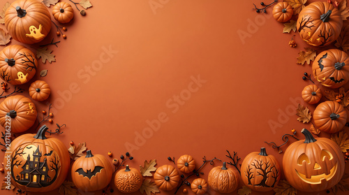 Halloween pumpkins arranged in circle with flames on dark orange background for spooky celebration