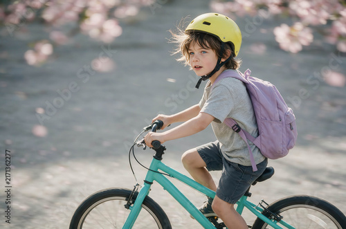 Child rides bicycle through park with soft petals falling. Wears yellow helmet, carries purple backpack. Looks forward with focused, curious expression. Bright green bike glints in gentle sunlight