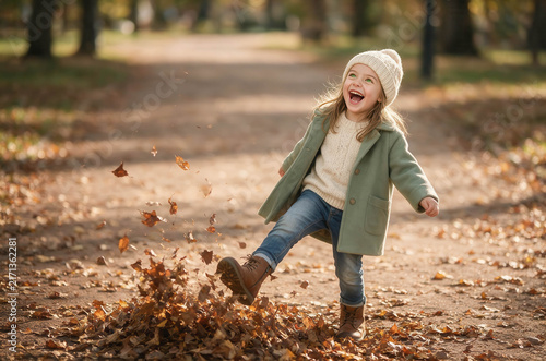 Little girl laughs, kicking autumn leaves. Dusty path, trees stand tall behind her. Cozy wool hat, green coat, blue jeans. Soft sunlight, warm autumn air. Ideal for seasonal joy, childhood play