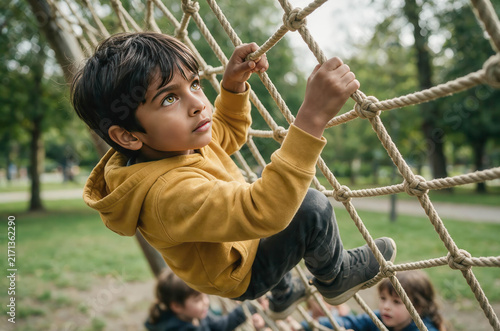 Young boy climbs rope net with focused determination. He wears a yellow hoodie and dark pants. His expression shows concentration and adventure. Background shows green park with trees