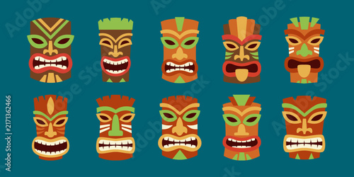 Tiki Masks Vector Set, Polynesian Tribal Totems for Hawaiian Luau Decoration