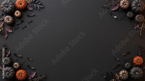 Minimalist Halloween frame with scattered orange pumpkins and black branches on dark background