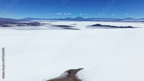 Salar de Uyuni salt flat beneath Bolivia mountain horizon