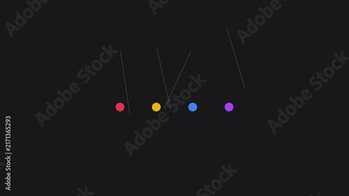Minimalist newton’s cradle animation with colorful spheres swinging on dark 4k background, physics motion