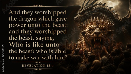 Revelation 13:4 Bible Verse Poster Depicting Dragon, Beast, and Apocalyptic Worship of Evil Power.