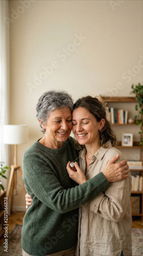 Mother and daughter embrace after opening a keepsake