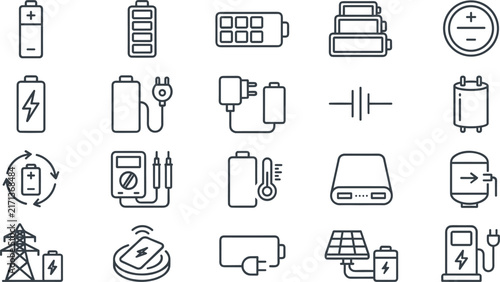 Electric Battery Charging and Renewable Power Energy Line Icon Set with Solar Panels Accumulators and Electronic Hardware Symbols for Sustainability Websites Tech Apps and Engineering Templates