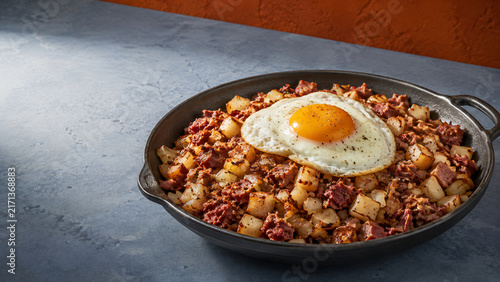 American Corned Beef Hash with Crispy Potatoes and Fried Egg