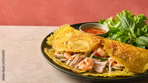 Vietnamese Banh Xeo Crispy Turmeric Crepe with Shrimp and Pork