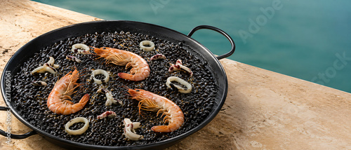 Spanish Arroz Negro Black Squid Ink Rice with Seafood