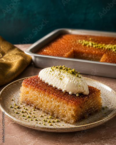Turkish Ekmek Kadayifi Syrup Dessert with Kaymak Cream