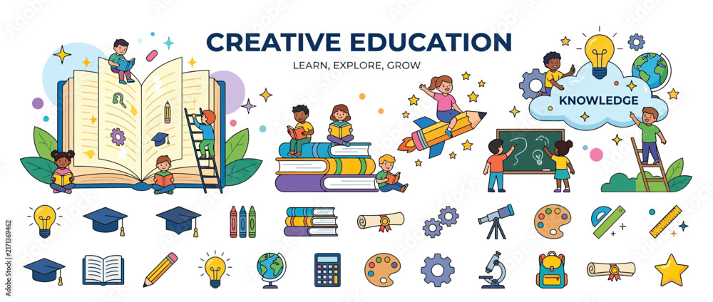 Fototapeta premium Creative education concept with children learning and growing