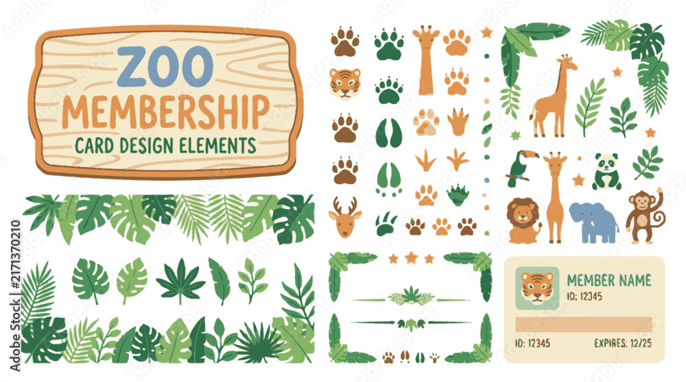 Naklejka premium Zoo membership card design elements set with cute animals and tropical leaves. EPS Editable. Vector Illustrations.