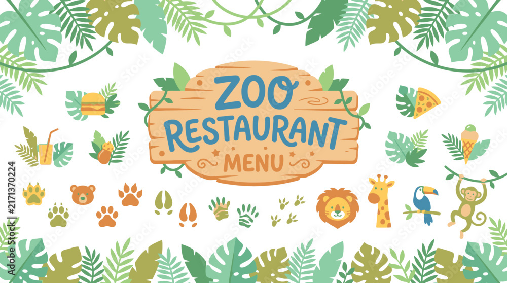 Fototapeta premium Zoo restaurant menu vector illustration with tropical jungle leaves and cute animals. EPS Editable. Vector Illustrations.