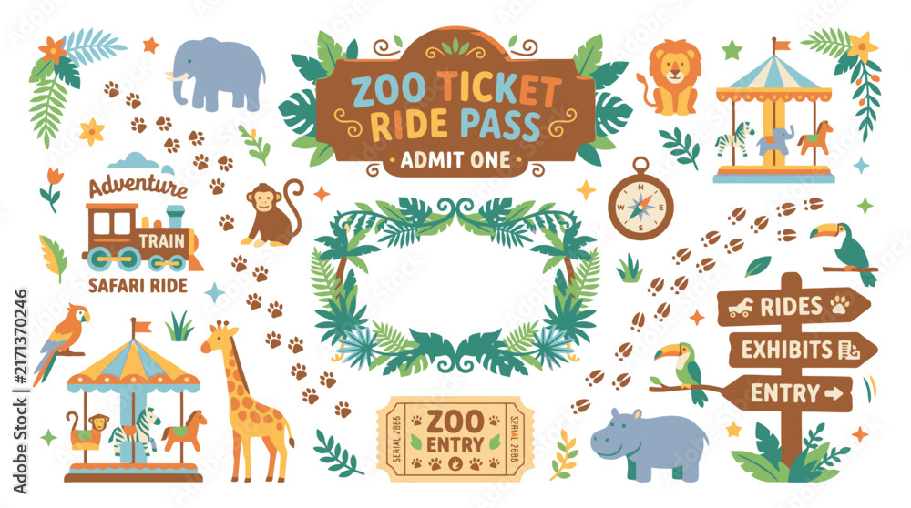 Fototapeta premium Zoo ticket ride pass animals safari elements vector set. EPS Editable. Vector Illustrations.