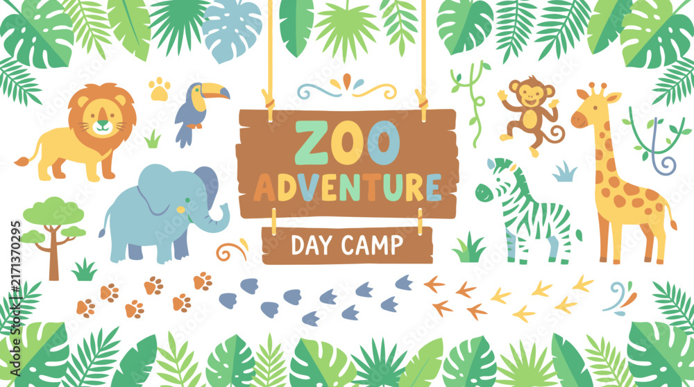 Naklejka premium Cute cartoon zoo animals set with tropical leaves and wooden sign. EPS Editable. Vector Illustrations.