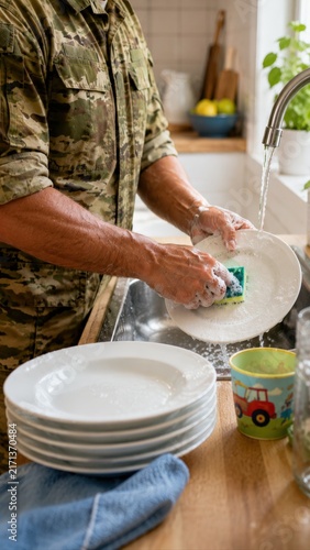 Soldier Washing Dishes After Meal in Home Kitchen