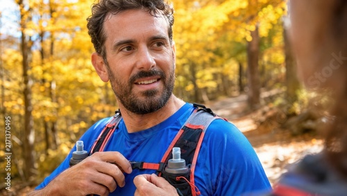 Male Trail Runner Adjusting Hydration Vest in Autumn Forest