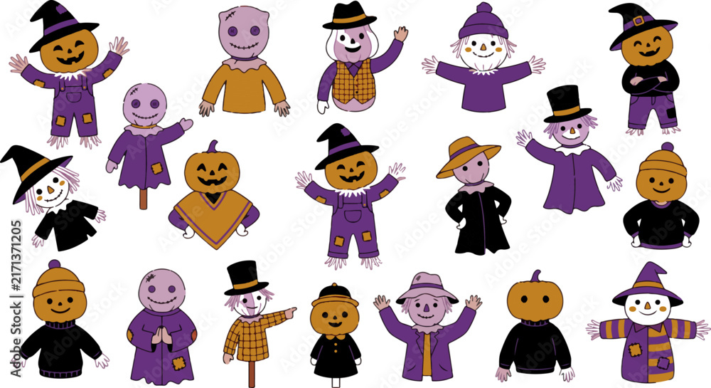 Obraz premium Variety of cute scarecrow characters with pumpkin heads and autumn outfits for halloween design pumpkin head harvest vector scarecrow set