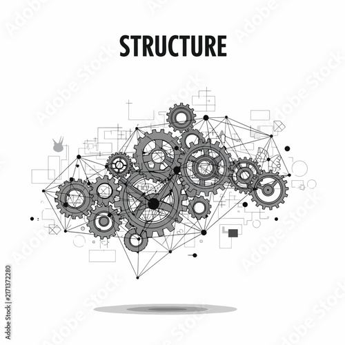 Abstract gear structure concept with interconnected nodes and icons