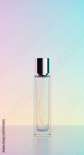 A sleek glass perfume bottle stands elegantly against a soft pastel gradient background with ample copy space for minimalist branding design, background, peach, gradient