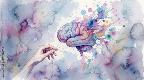Watercolor illustration of human brain connected to hand for creativity
