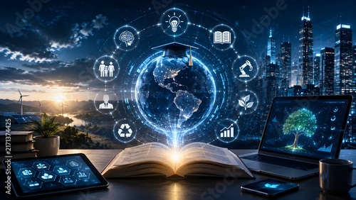 Global sustainable education concept glowing digital earth with graduation cap on open book and eco friendly technology icons representing green learning