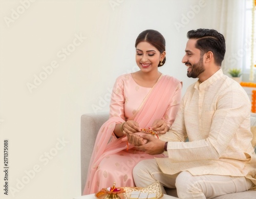 Happy Siblings Celebrating Raksha Bandhan: Indian Sister Tying Rakhi on Brother's Wrist at Home