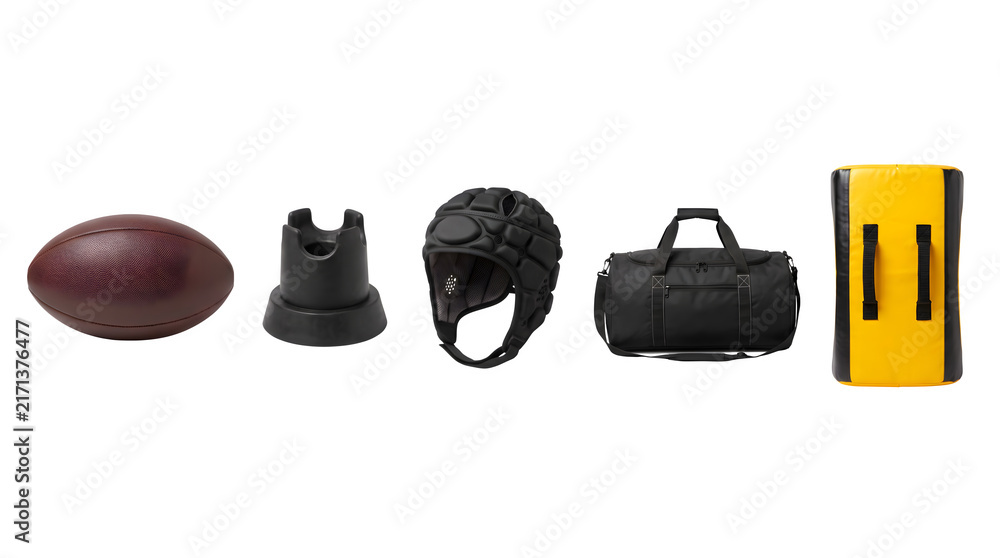 Fototapeta premium Rugby equipment collection, professional sports gear set with ball and headguard, athletic training accessories on white background